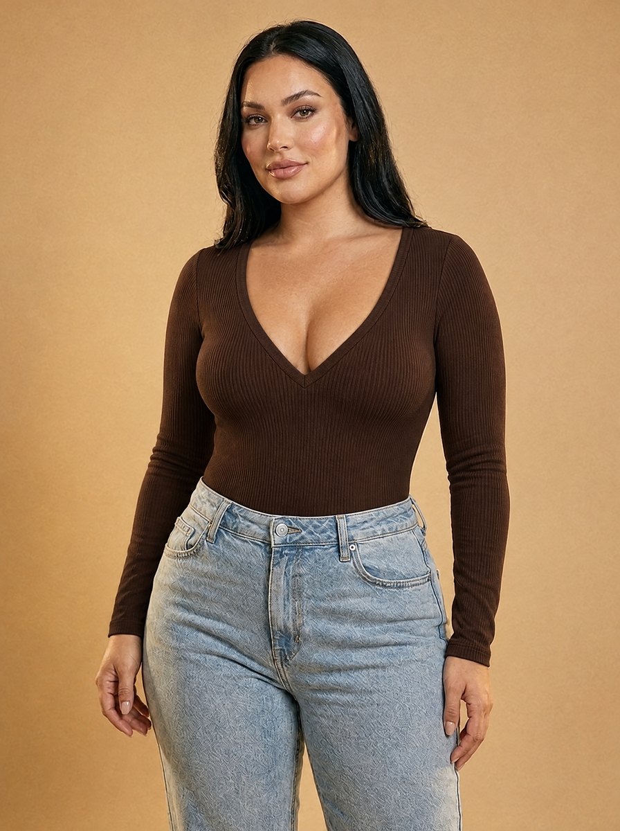 Comfy Club Long Sleeve Waist Shaping Bodysuit in Chocolate, deep V-neck, model view.