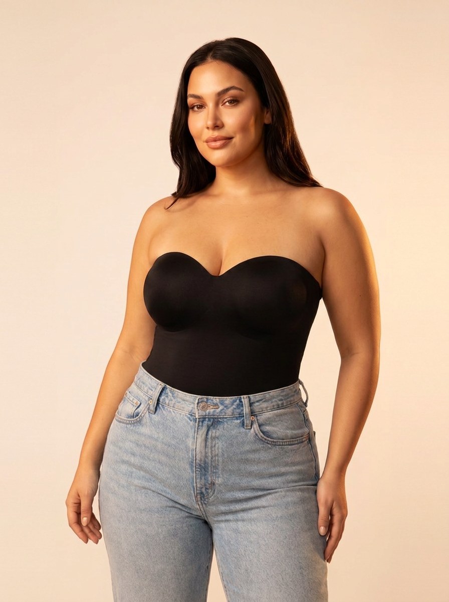 Comfy Club Shapewear Bodysuit, Black colourway, worn with light-wash jeans.